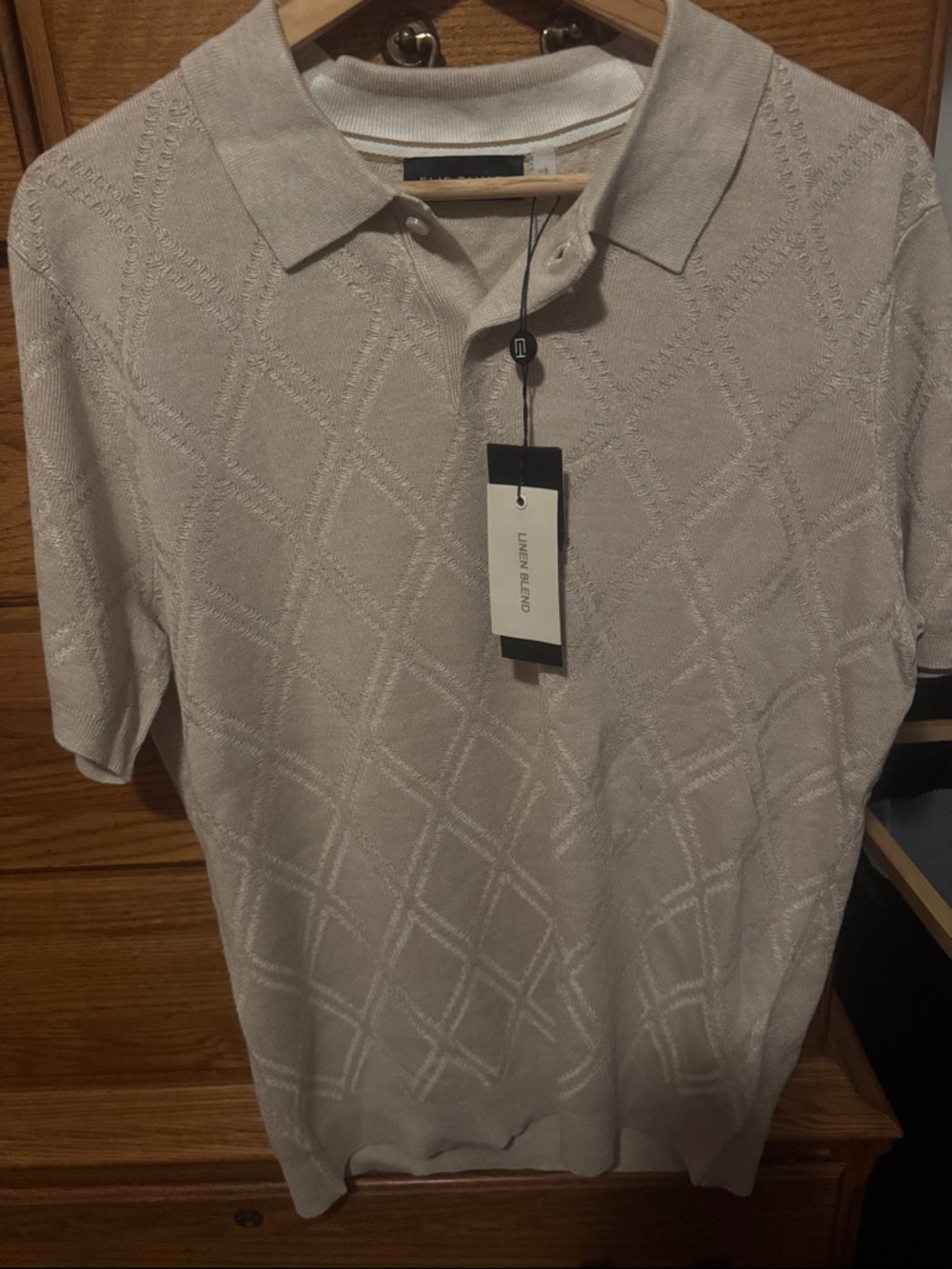 Elie Tahari Cream Short-Sleeve Knit Polo with Diamond Texture